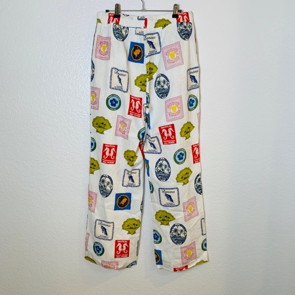 Rachel Zoe Palazzo Pants Linen Blend Pacific Stamps Size M White Beachy Tropical - Picture 13 of 16